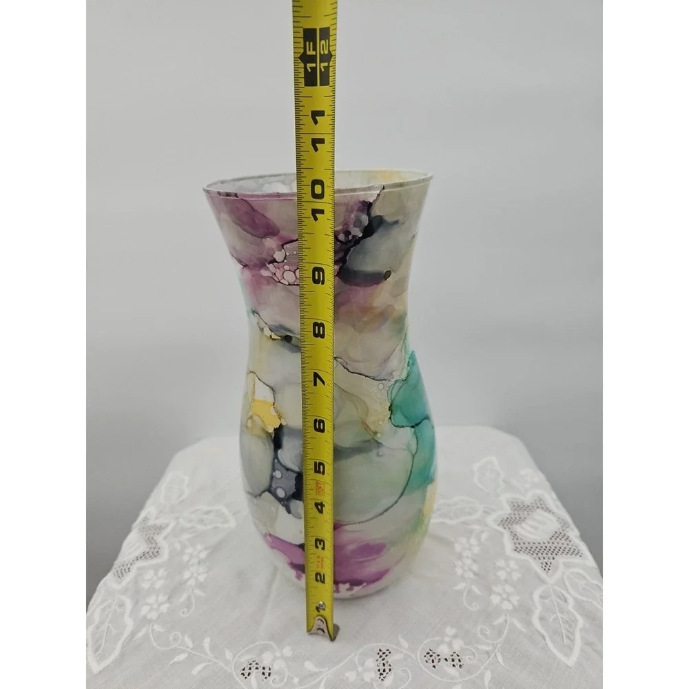 Unique Art Glass Vase Swirls Purple Green Yellow Abstract Design Accent‎ Decor